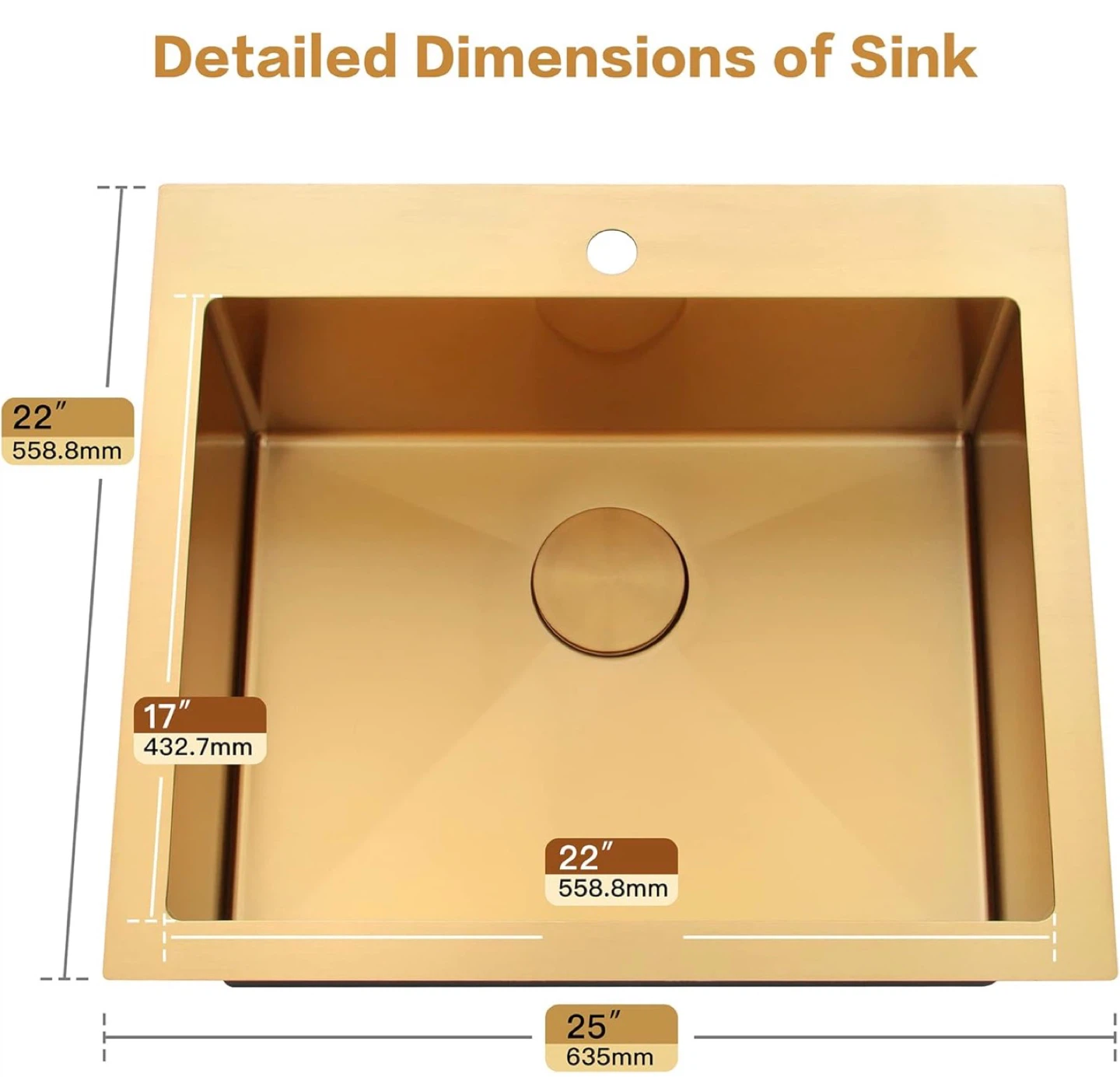 Gold Kitchen Sink 25" x 22" x 10" Stainless Steel Drop-In NEW - photo 3