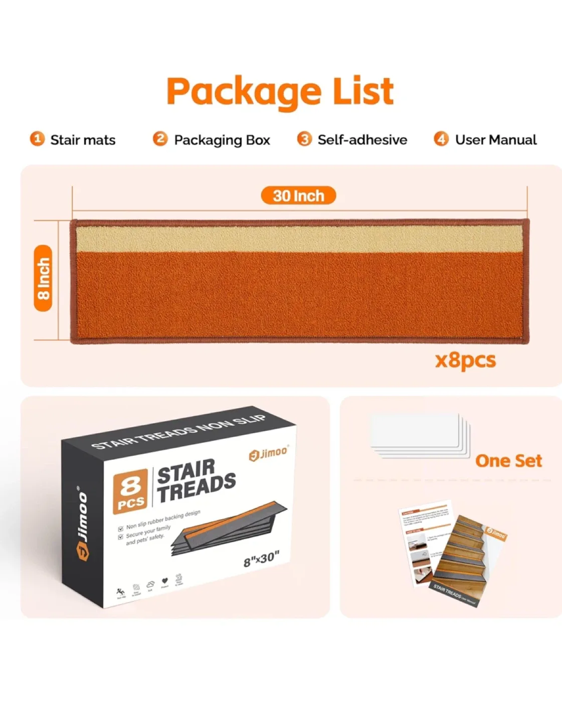 Jimoo Stair Treads - 8"x30" - 4 Pieces
