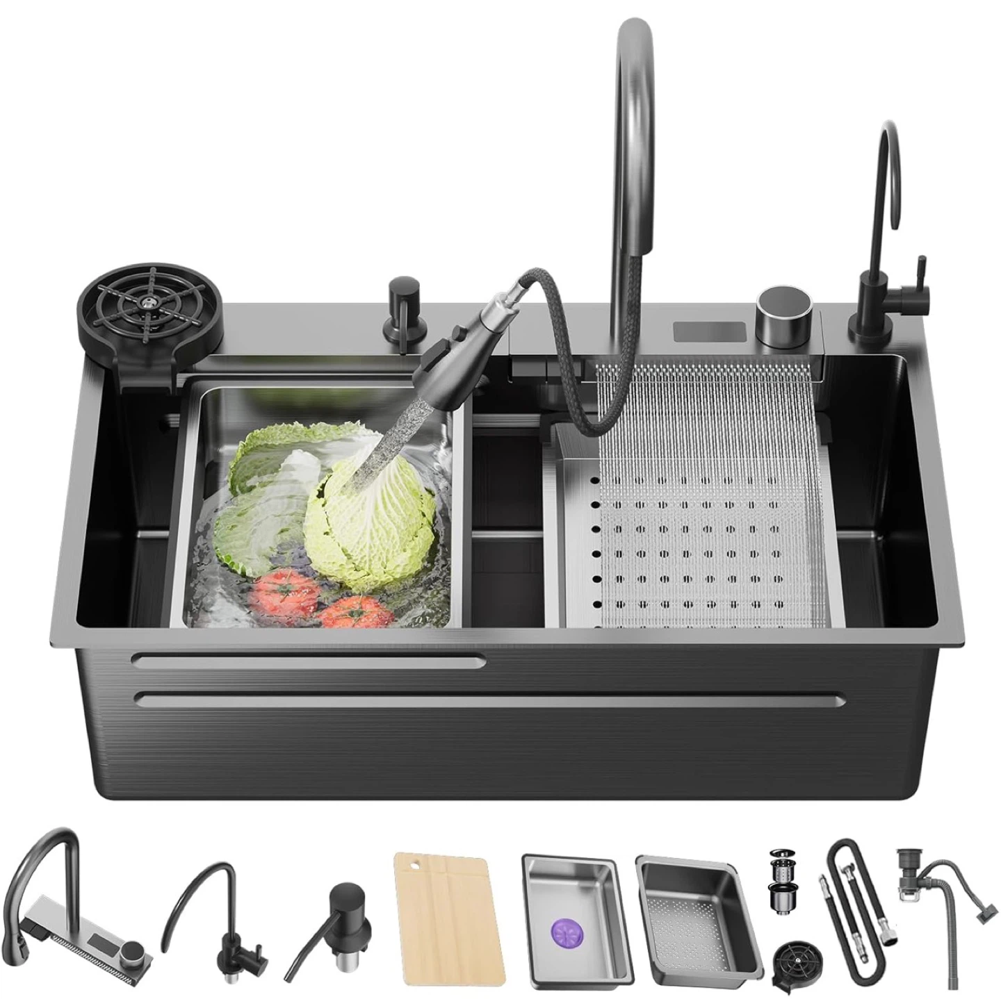 Nano Kitchen Sink and Waterfall Faucet, 29.5x18x9 Stainless Stee