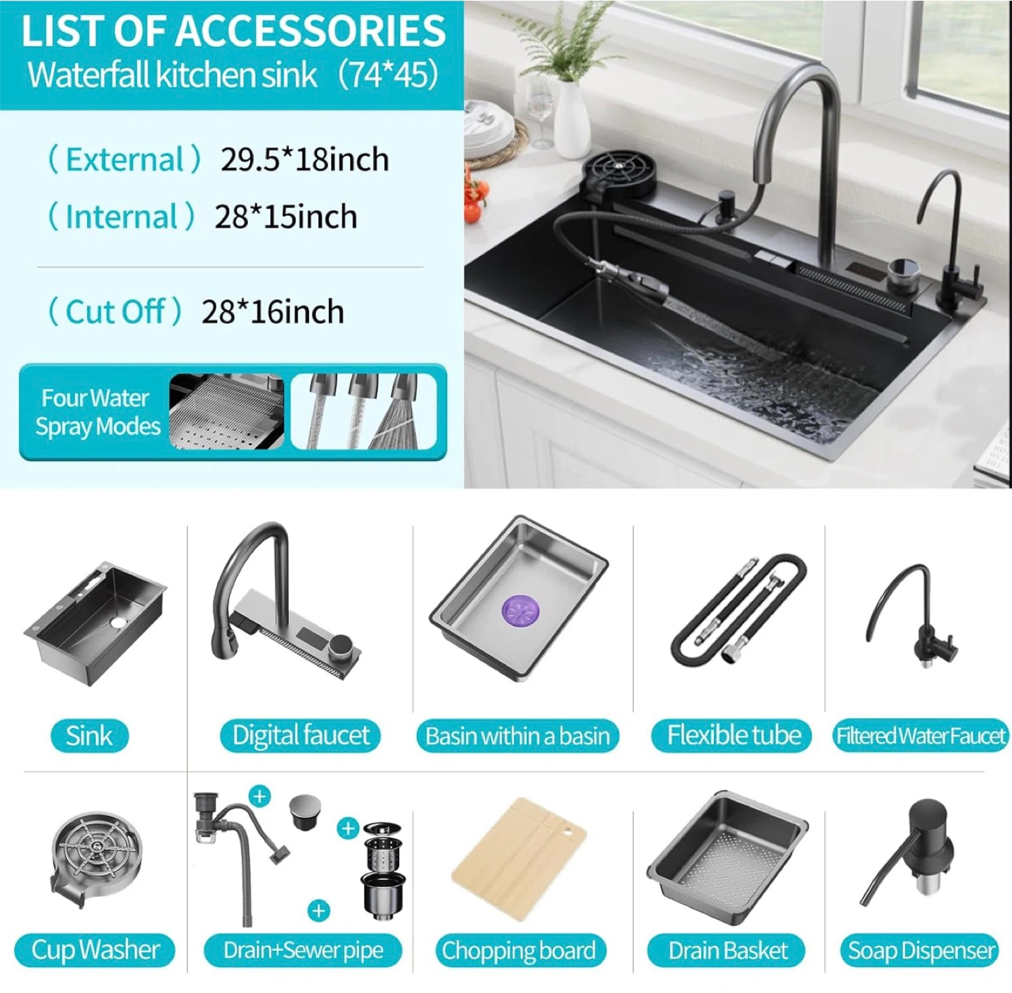 Nano Kitchen Sink and Waterfall Faucet, 29.5x18x9 Stainless Stee - photo 3