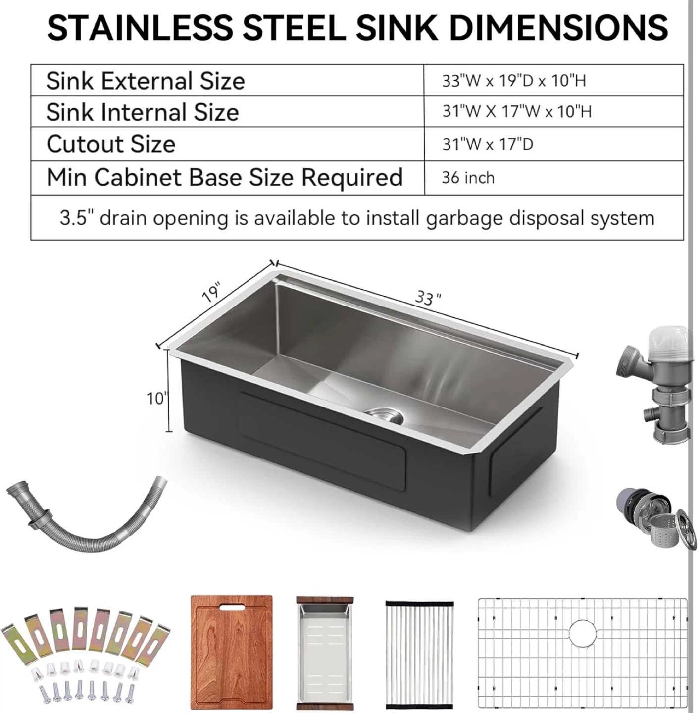 33 x 19 x 10” Undermount Kitchen Sink, 304 Stainless Steel Handm - photo 3