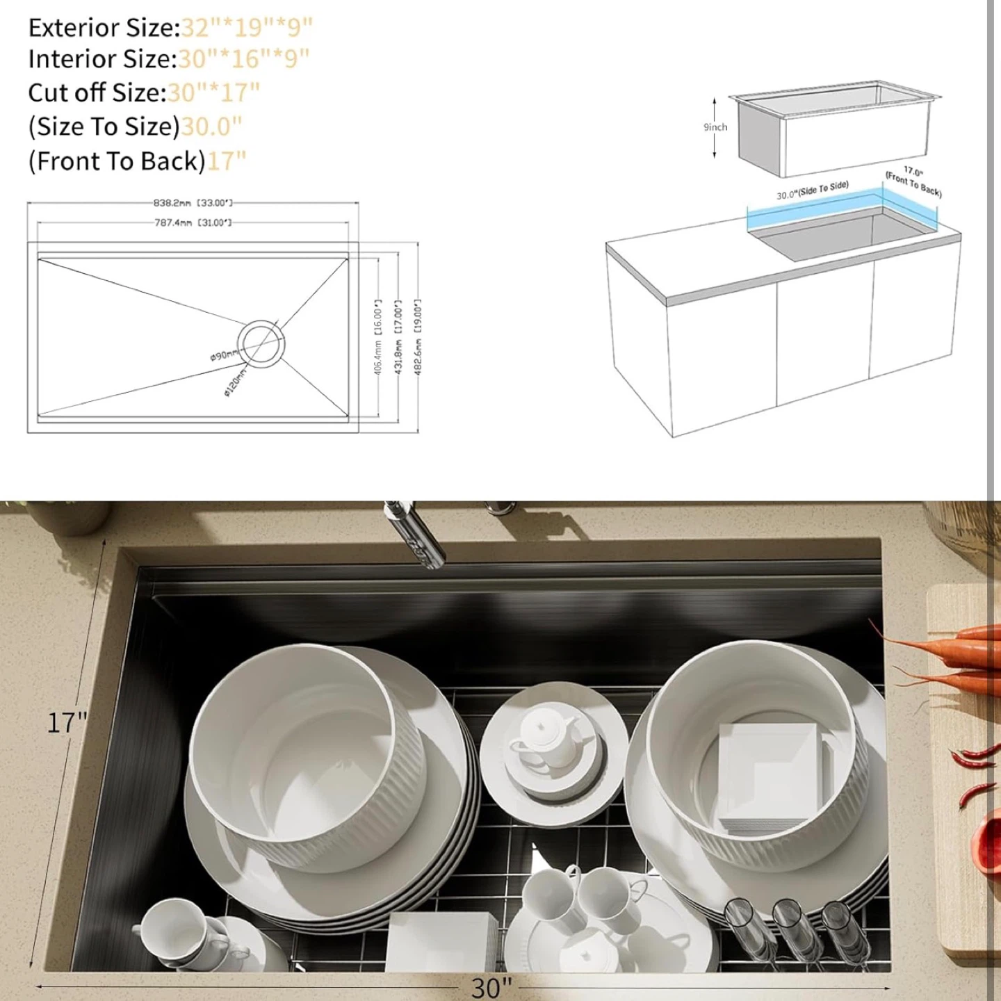 Undermount Kitchen Sink, 32”x17” Matte Black, Granite composite - photo 3