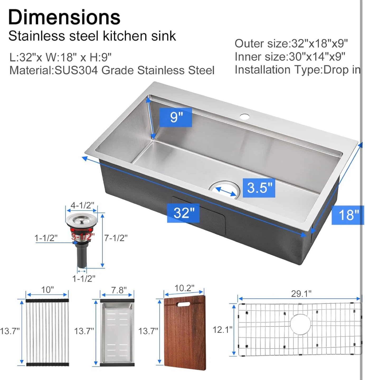 Drop in Kitchen Sink, 18 Gauge Stainless Steel 32x18x9” NEW - photo 2