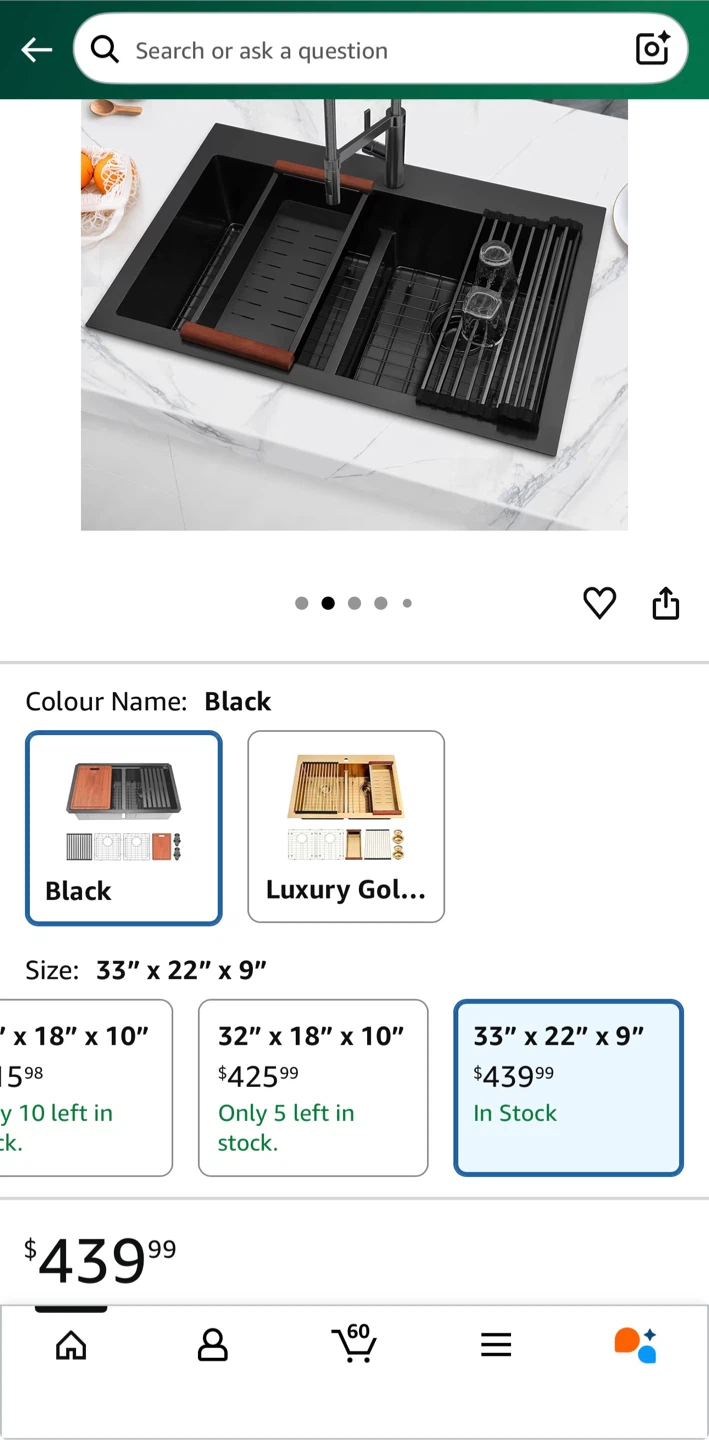 Kitchen Sink, 50/50 Black Double 33" x 22" Black Drop in 16 gaug