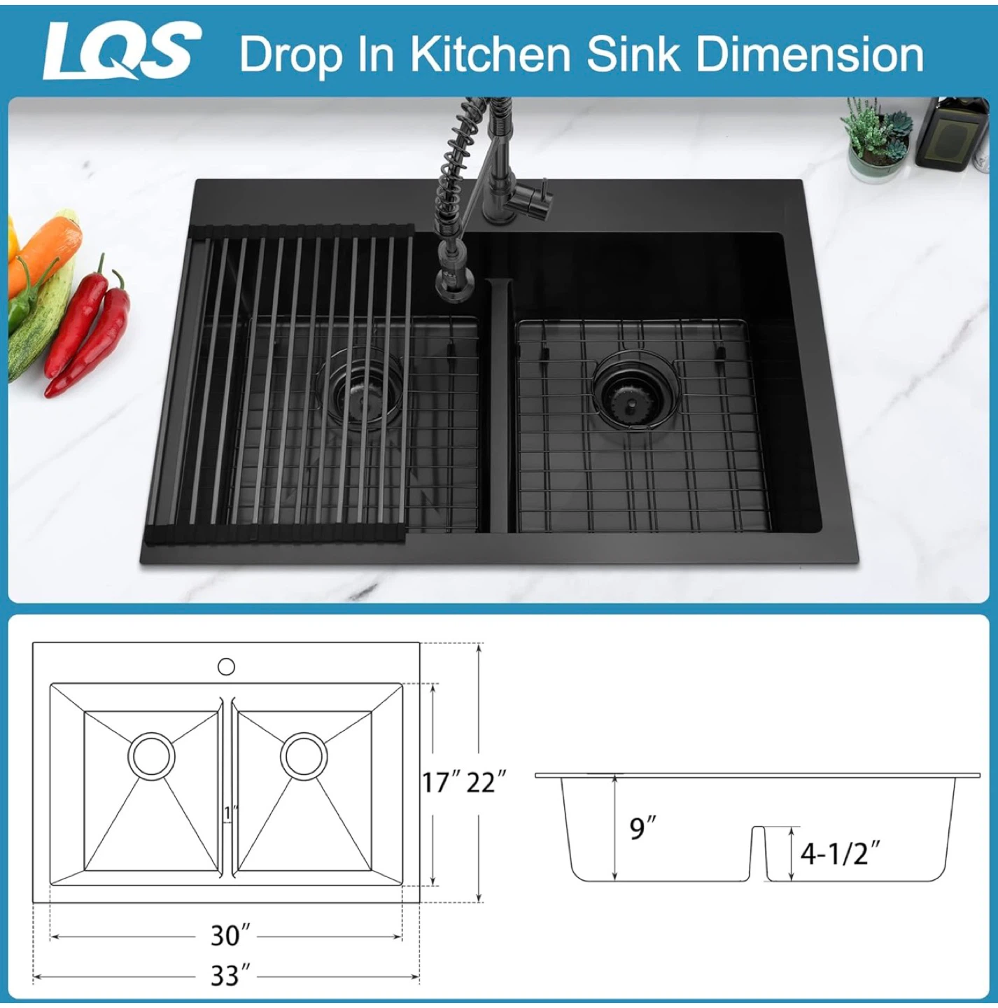 Kitchen Sink, 50/50 Black Double 33" x 22" Black Drop in 16 gaug - photo 2