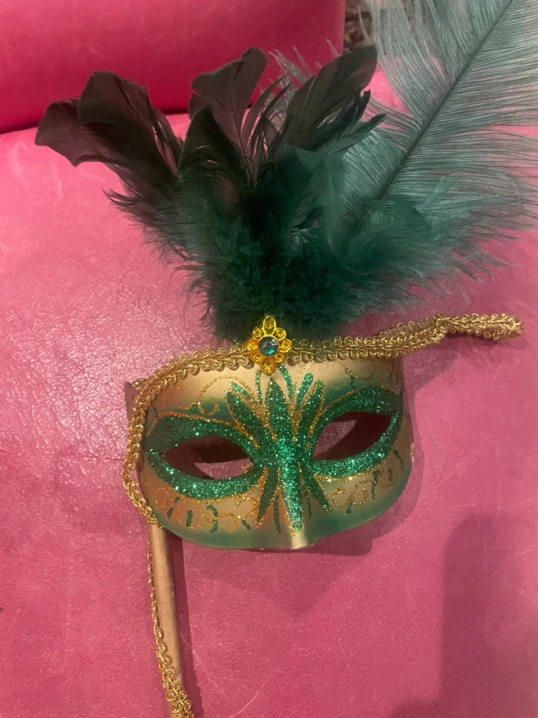 Green & Gold Masquerade Mask with Feathers image indicator(2)