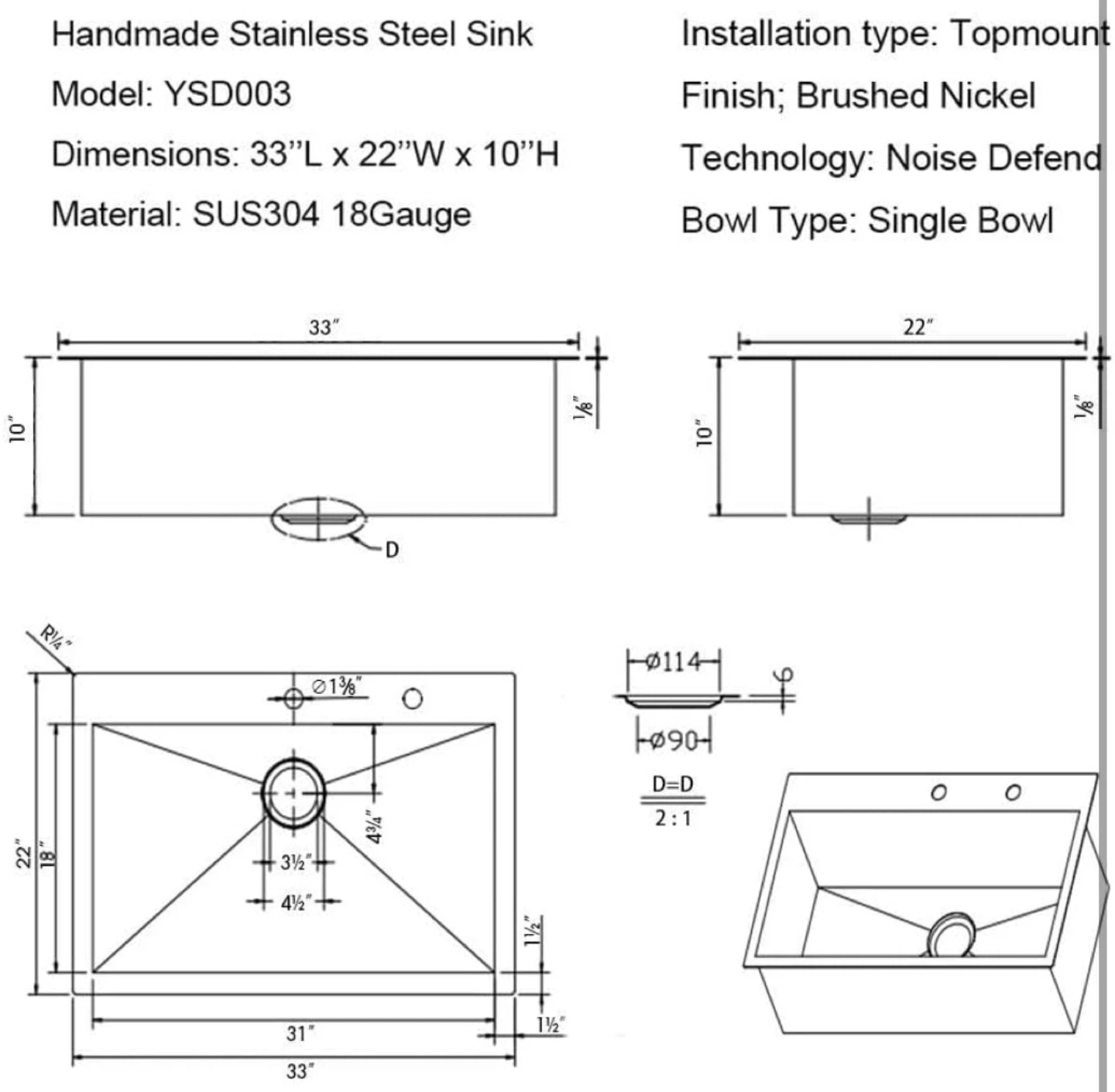 33"x 22" 18 Gauge Stainless Steel Kitchen Sink, Topmount Drop-in - photo 2