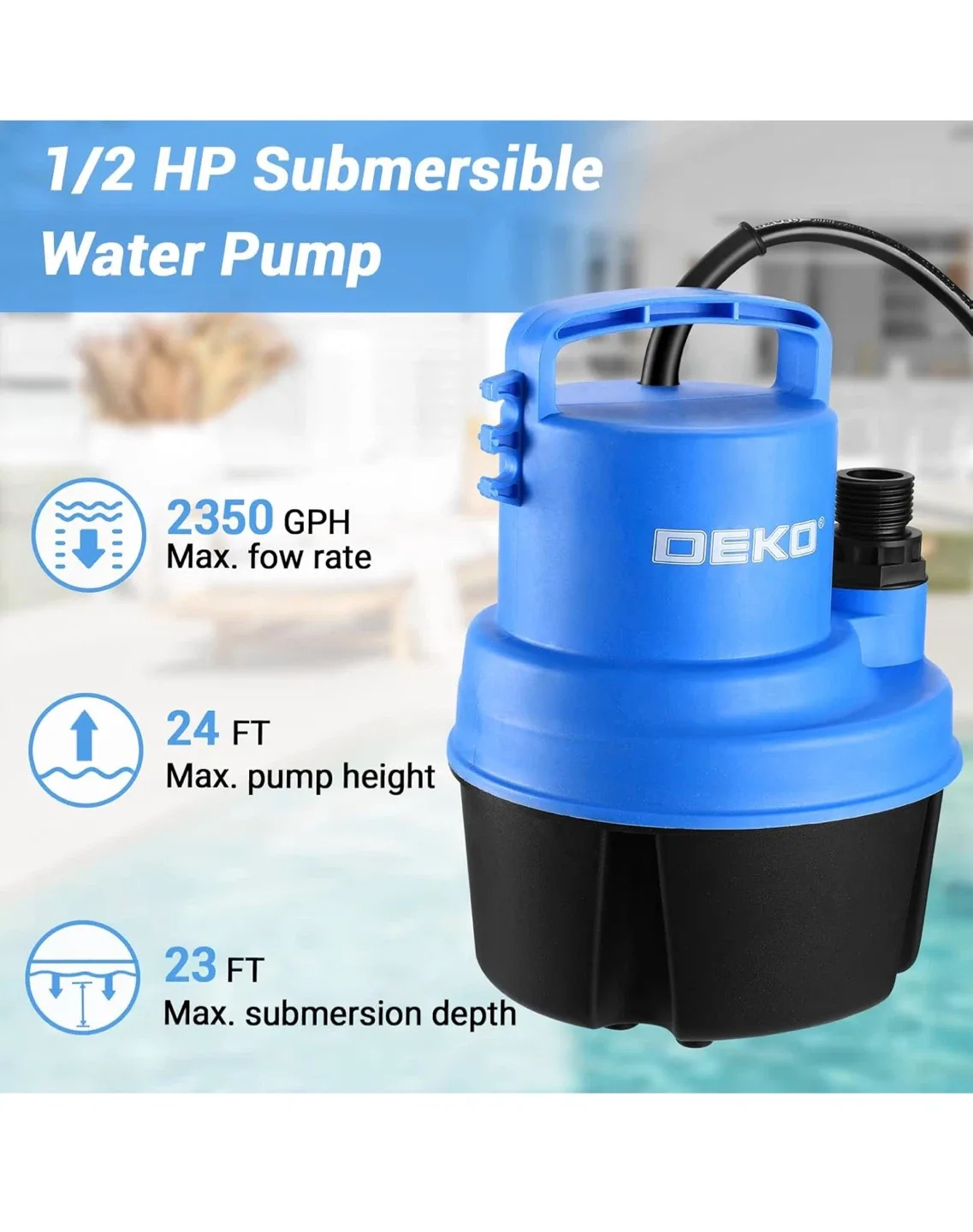 DEKO 1/2 HP 2350GPH Submersible Water Pump - Like New! image indicator(2)