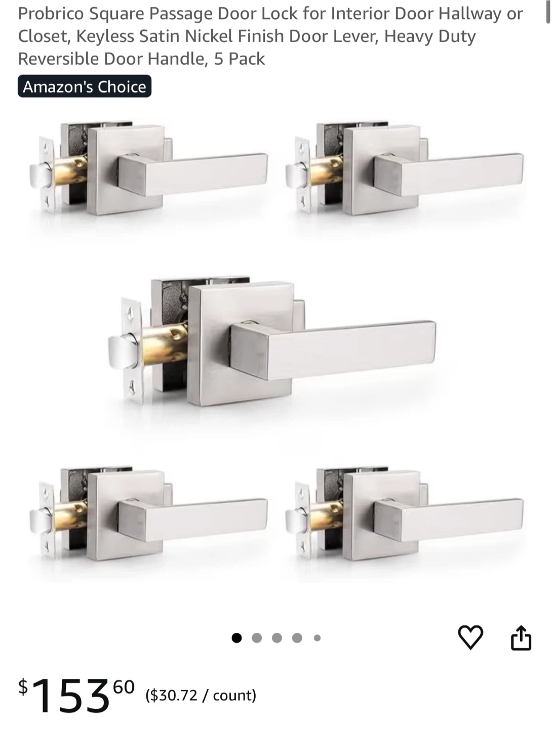Probrico Square Passage Door Lock - Satin Nickel