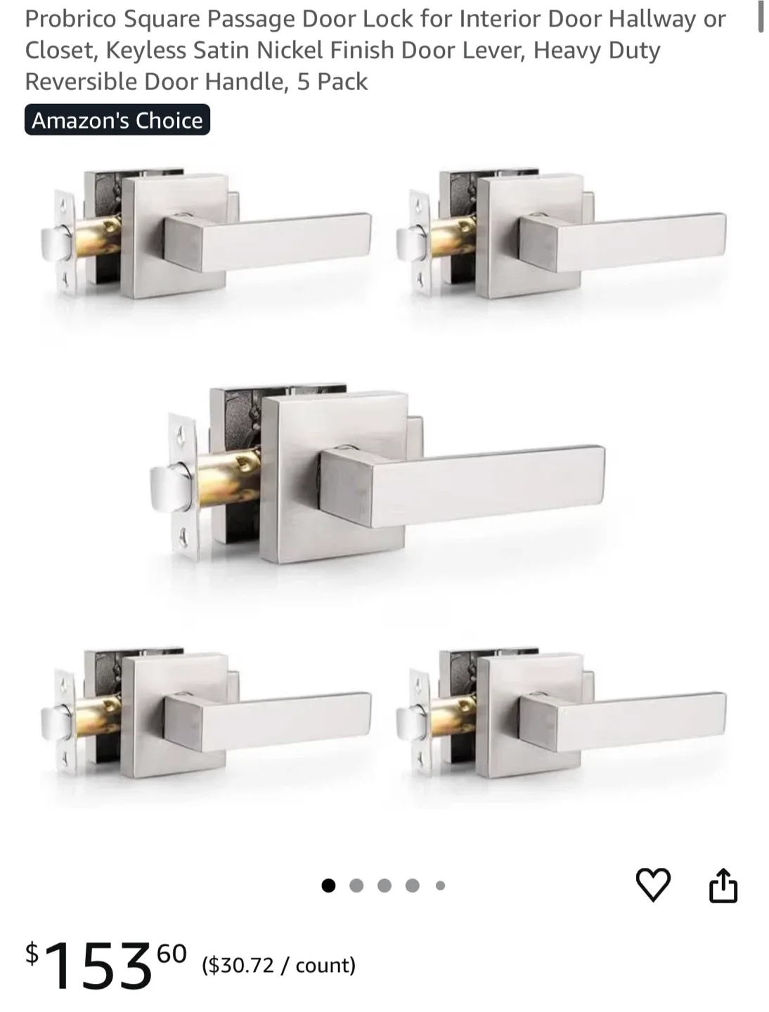 Probrico Square Passage Door Lock - Satin Nickel thumbnail