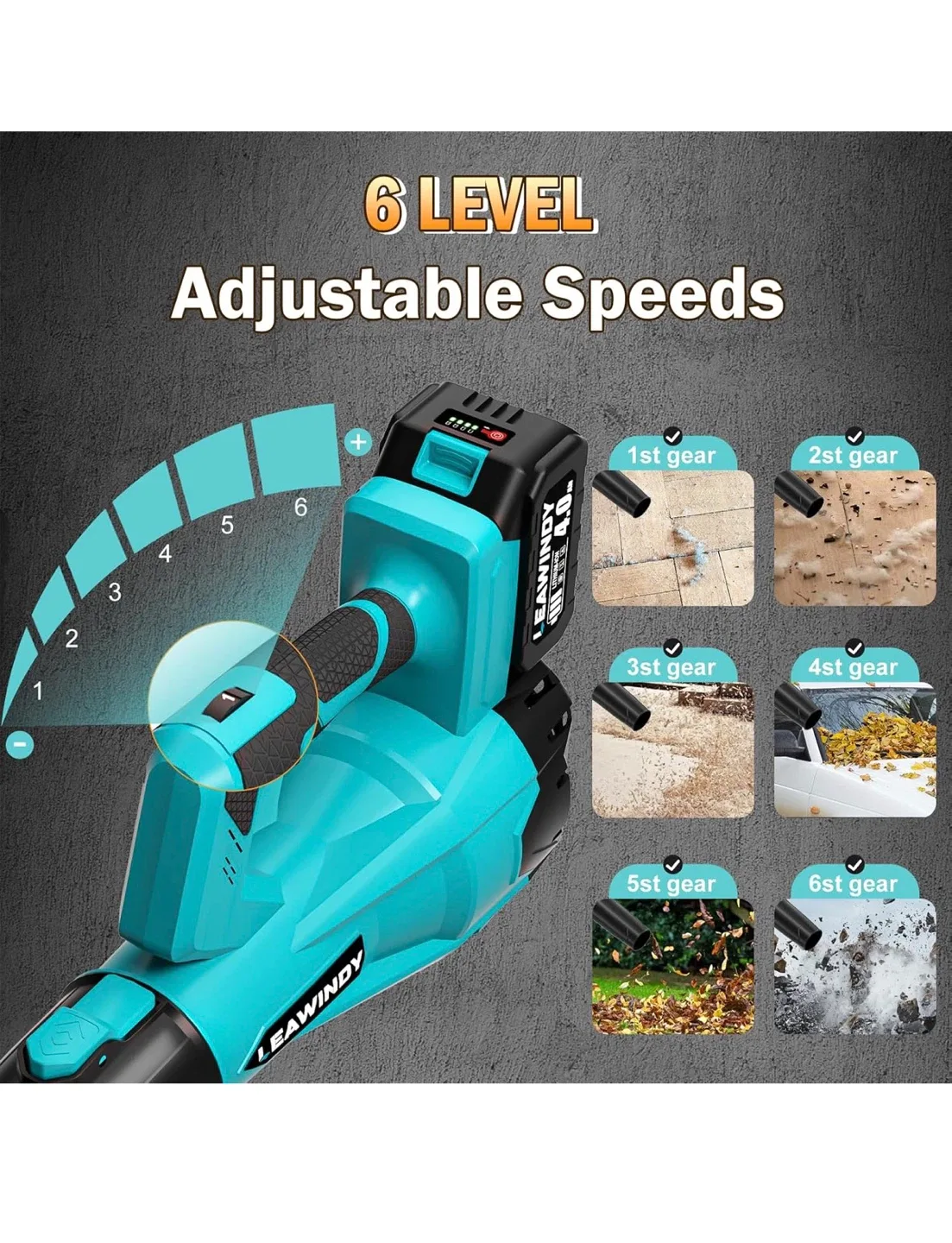 LEAWINDY Cordless Leaf Blower - 6 Speed, 2 x 4.0Ah Batteries image indicator(2)