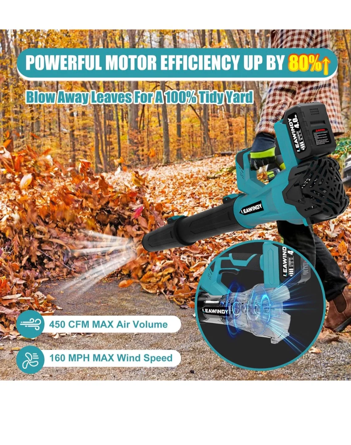 LEAWINDY Cordless Leaf Blower - 6 Speed, 2 x 4.0Ah Batteries image indicator(3)
