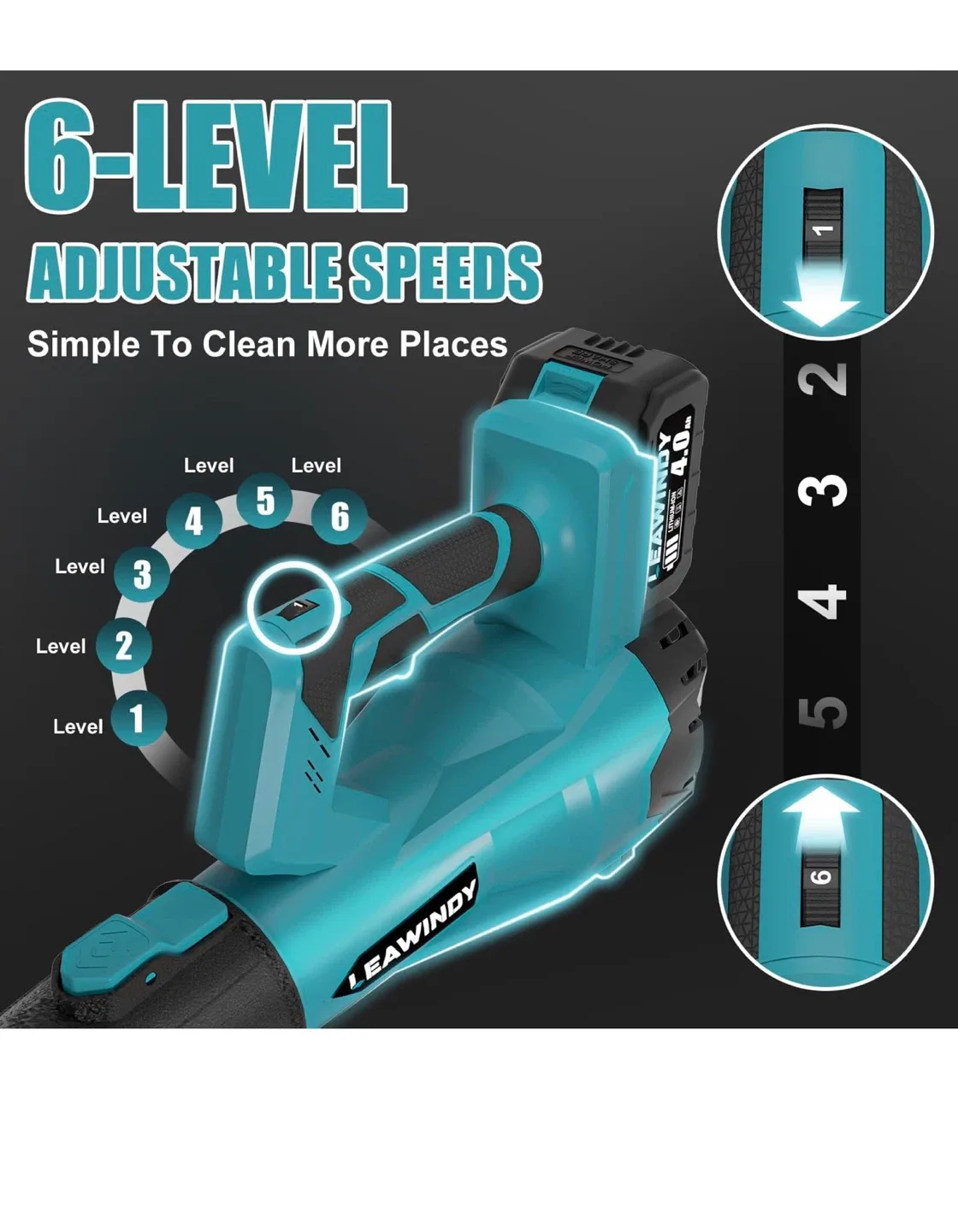 LEAWINDY Cordless Leaf Blower - 6 Speed, 2 x 4.0Ah Batteries image indicator(8)