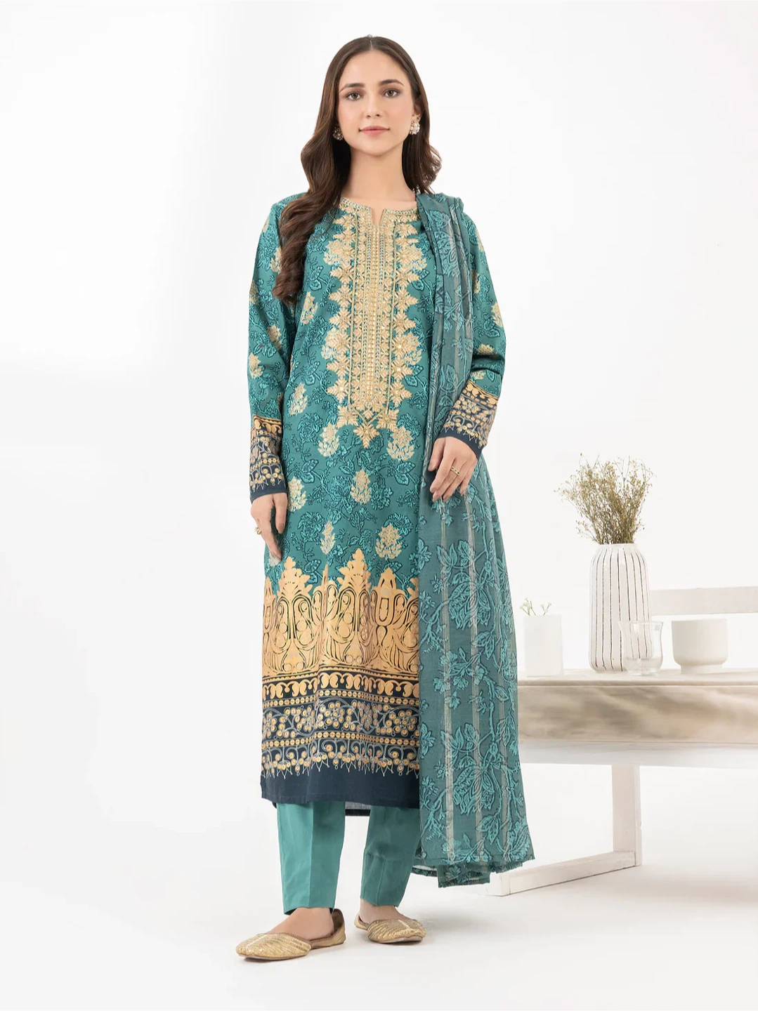 Teal Printed Kurti Shalwar Kameez