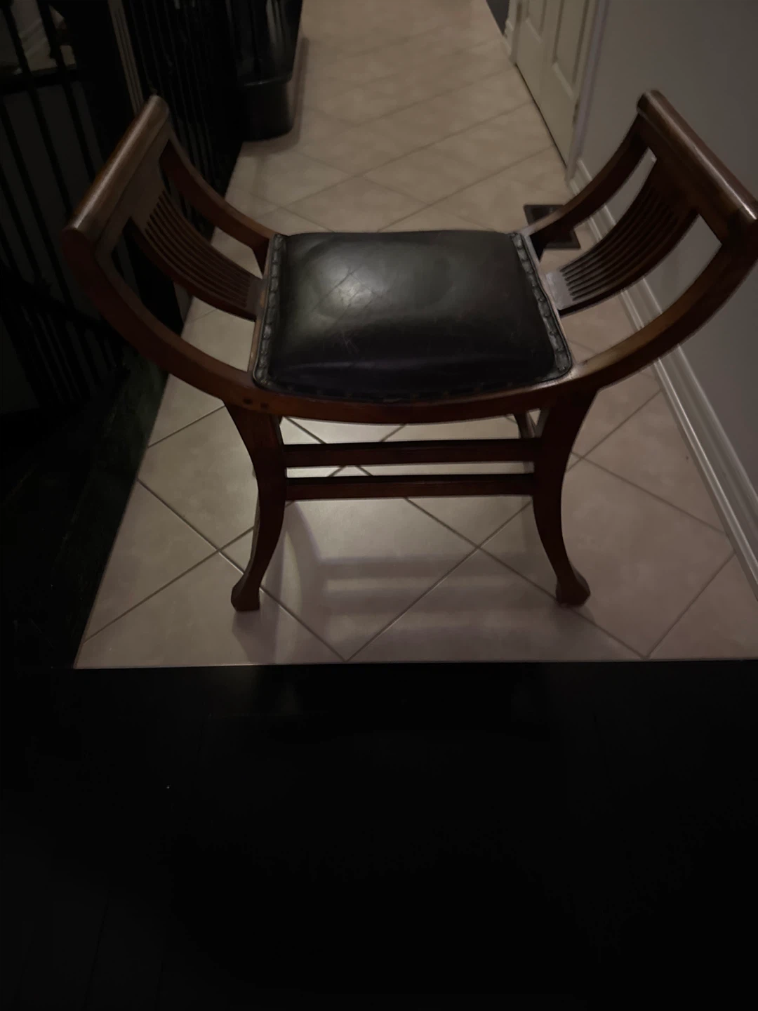 Wooden Bench with Black Leather Seat