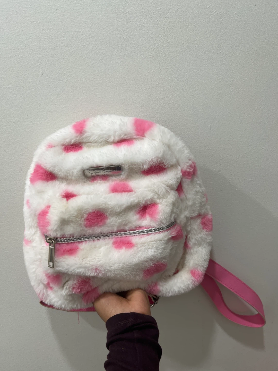 Pink & White Furry Mini Backpack