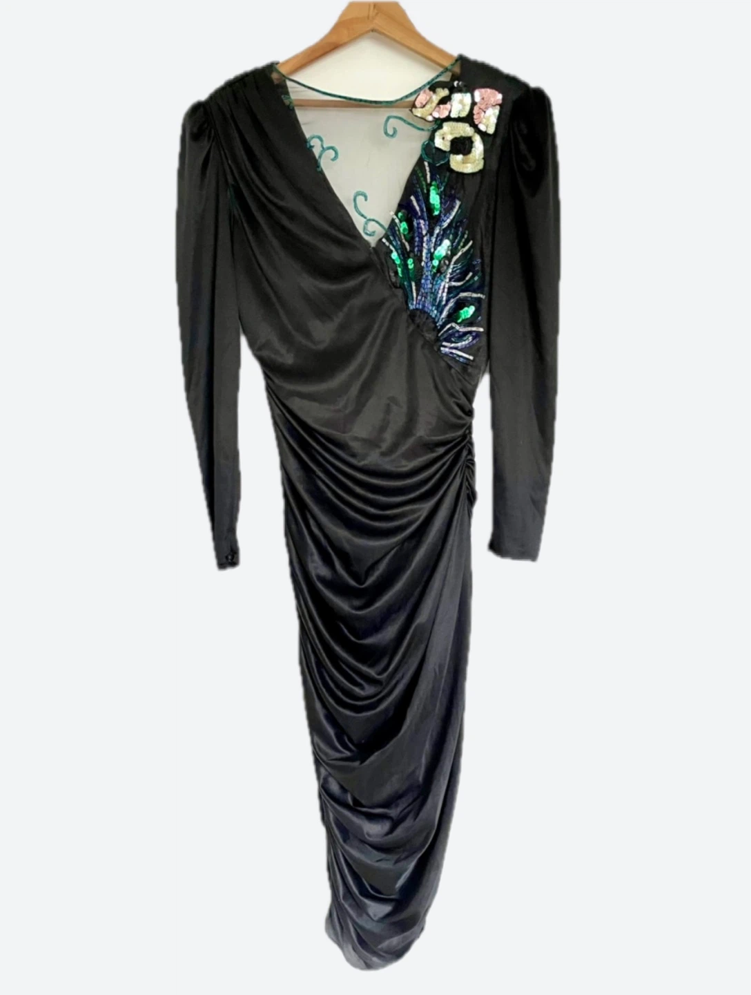 Vintage Black Sequin & Bead Embellished Long Sleeve Dress