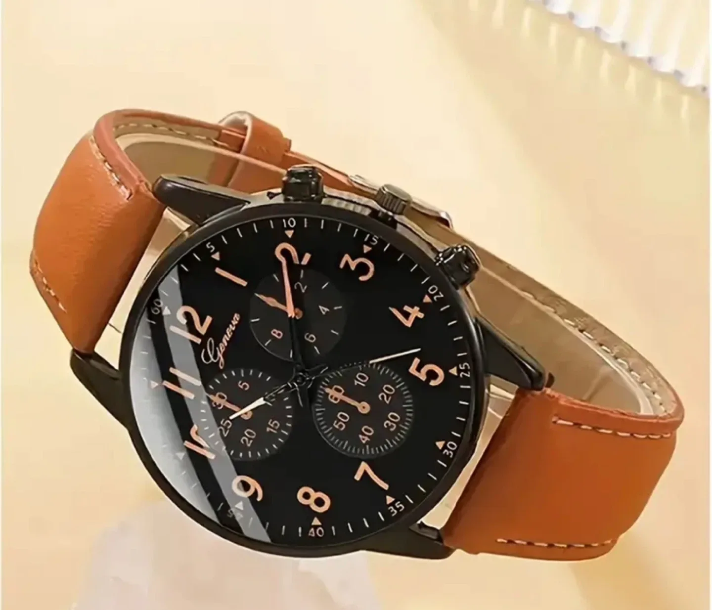 Geneva Men's Black Dial Brown Leather Band Watch image indicator(4)