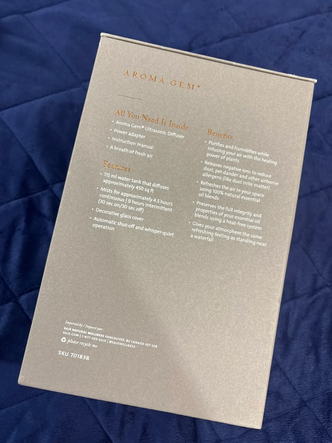 BRAND NEW - Saje Aroma Gem Ultrasonic Diffuser - New in Box image indicator(7)