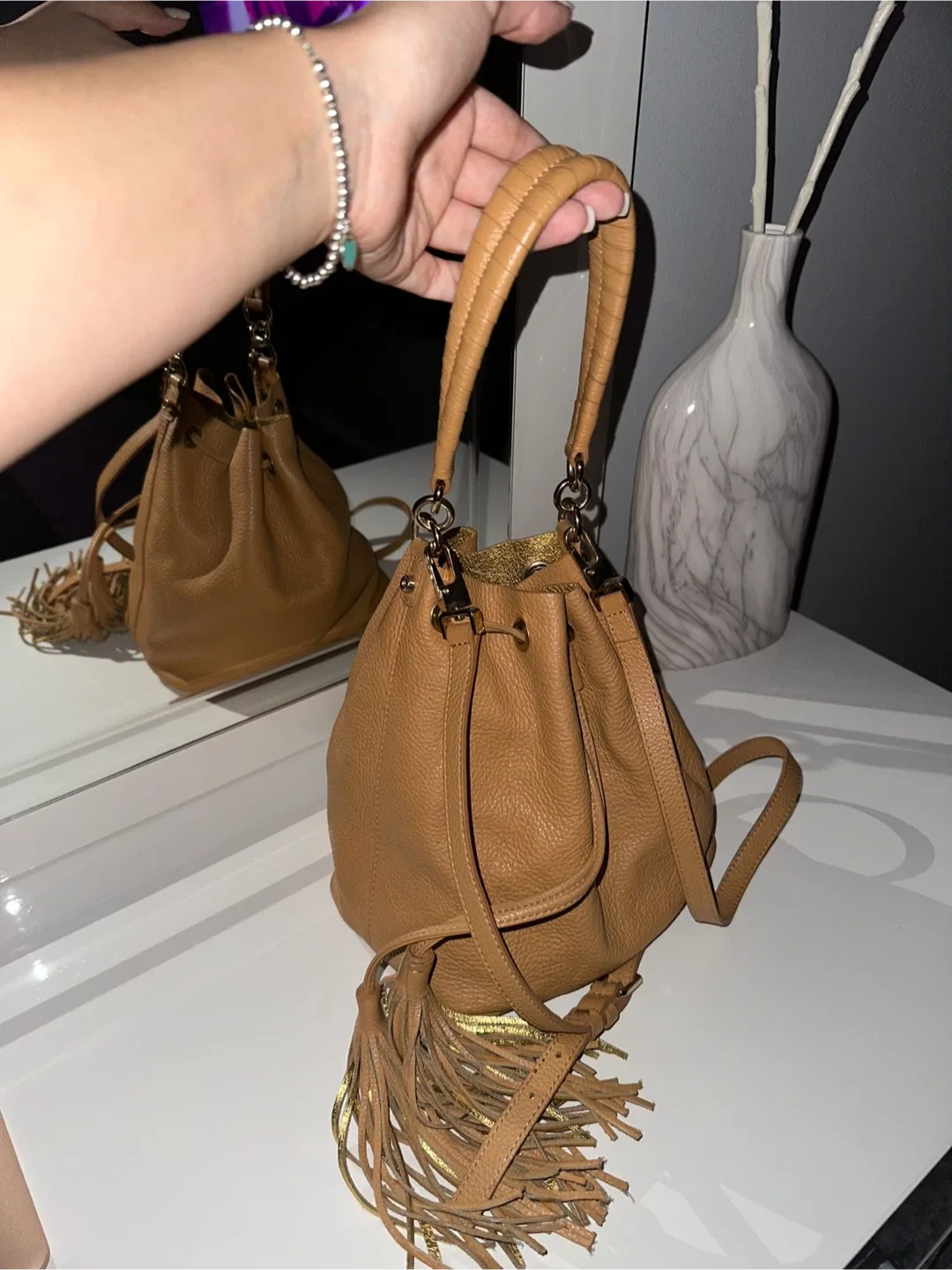 Tan Leather Bucket Bag with Tassels image indicator(5)