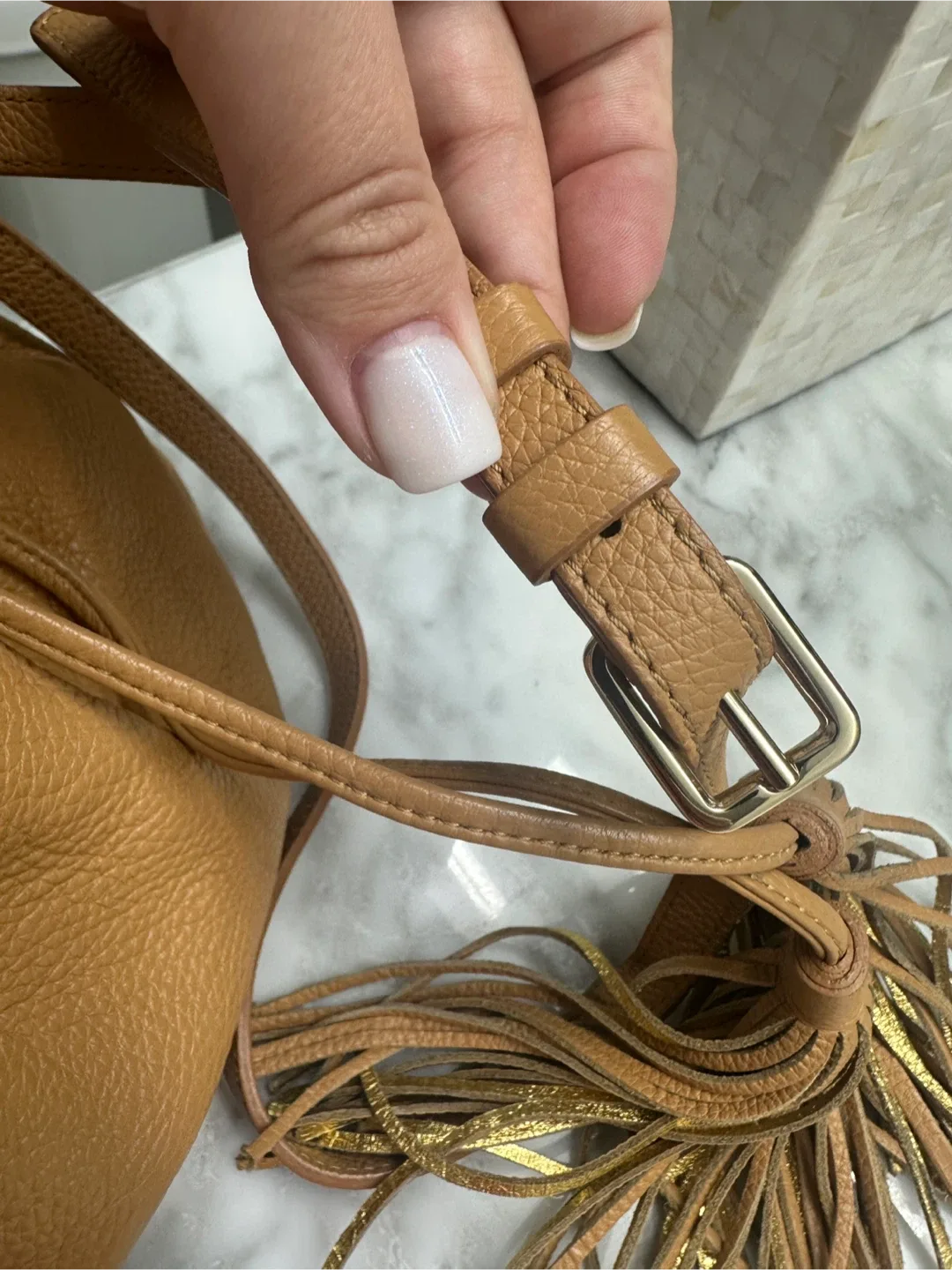 Tan Leather Bucket Bag with Tassels image indicator(2)
