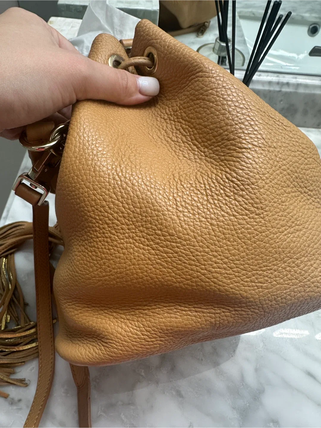 Tan Leather Bucket Bag with Tassels image indicator(4)