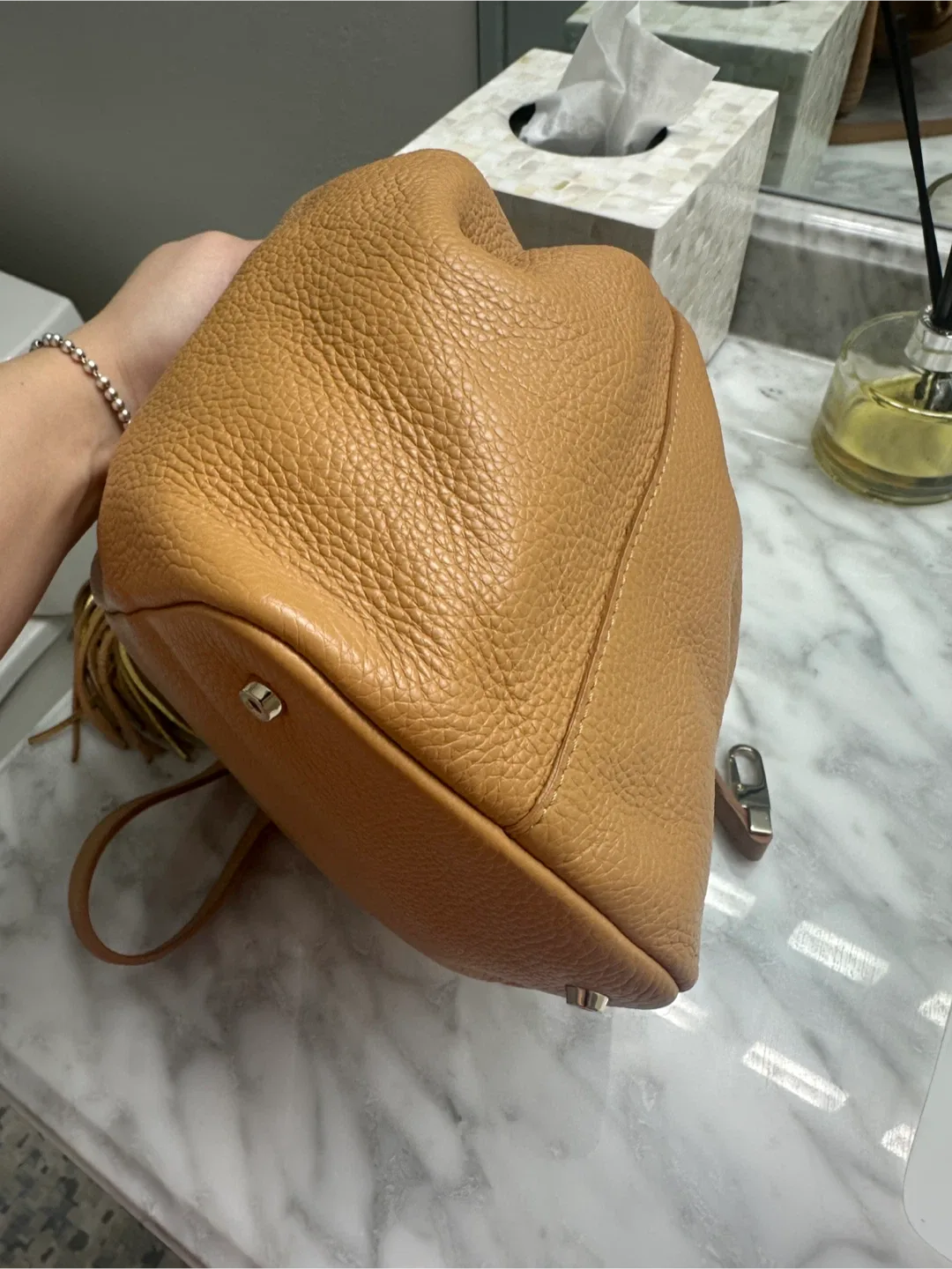 Tan Leather Bucket Bag with Tassels image indicator(10)