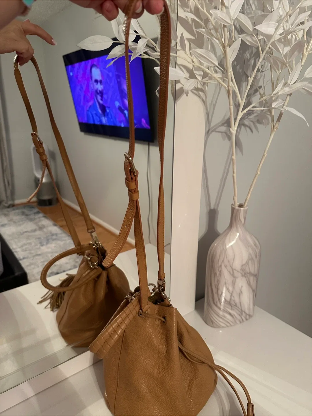 Tan Leather Bucket Bag with Tassels image indicator(7)