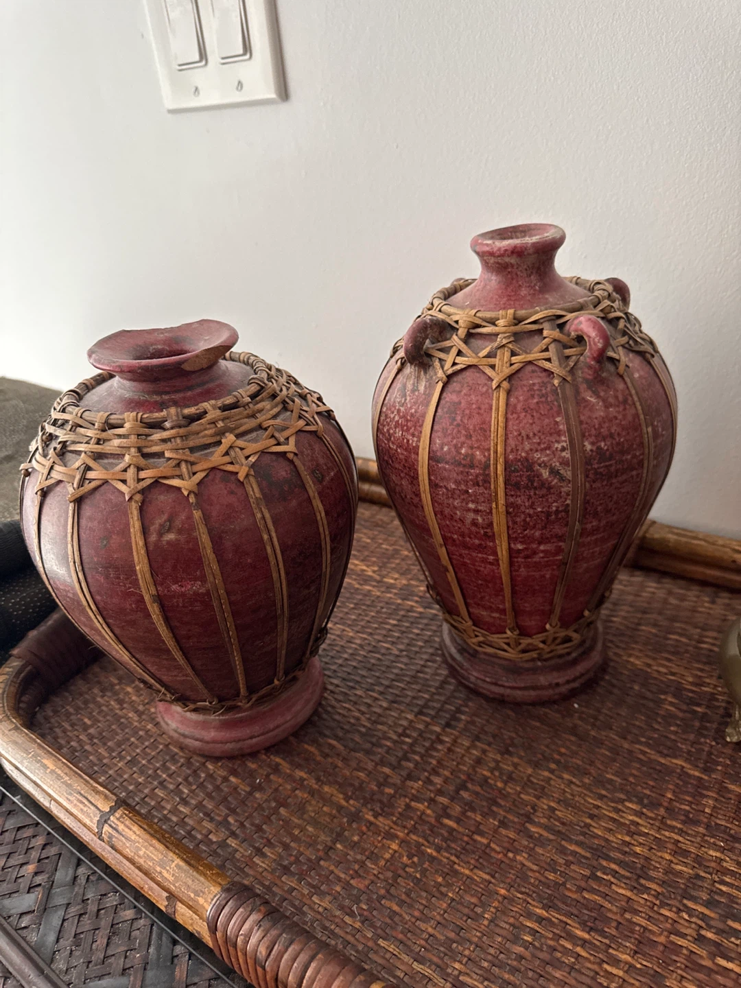 Pair of Decorative Red Vases with Wicker Detail
