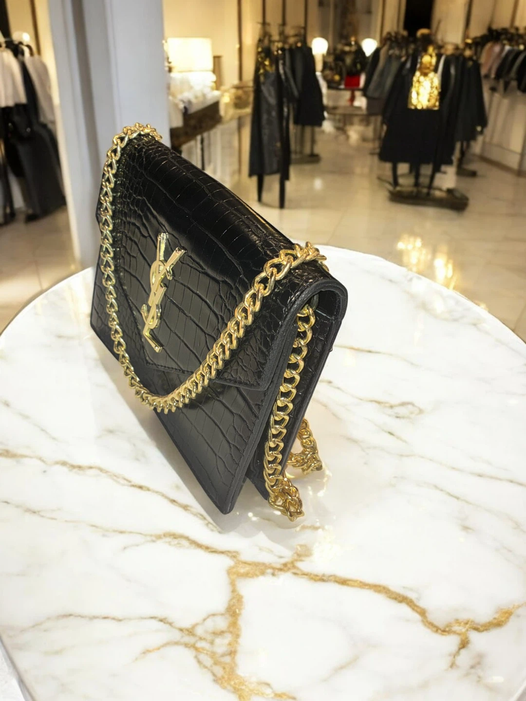 Saint Laurent Black Crocodile Embossed Leather Chain Bag - photo 2
