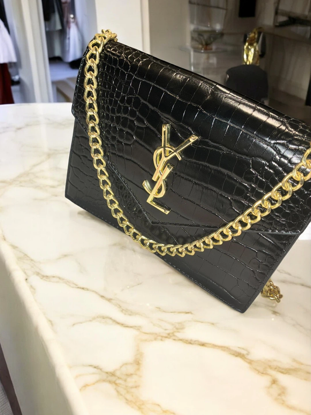 Saint Laurent Black Crocodile Embossed Leather Chain Bag