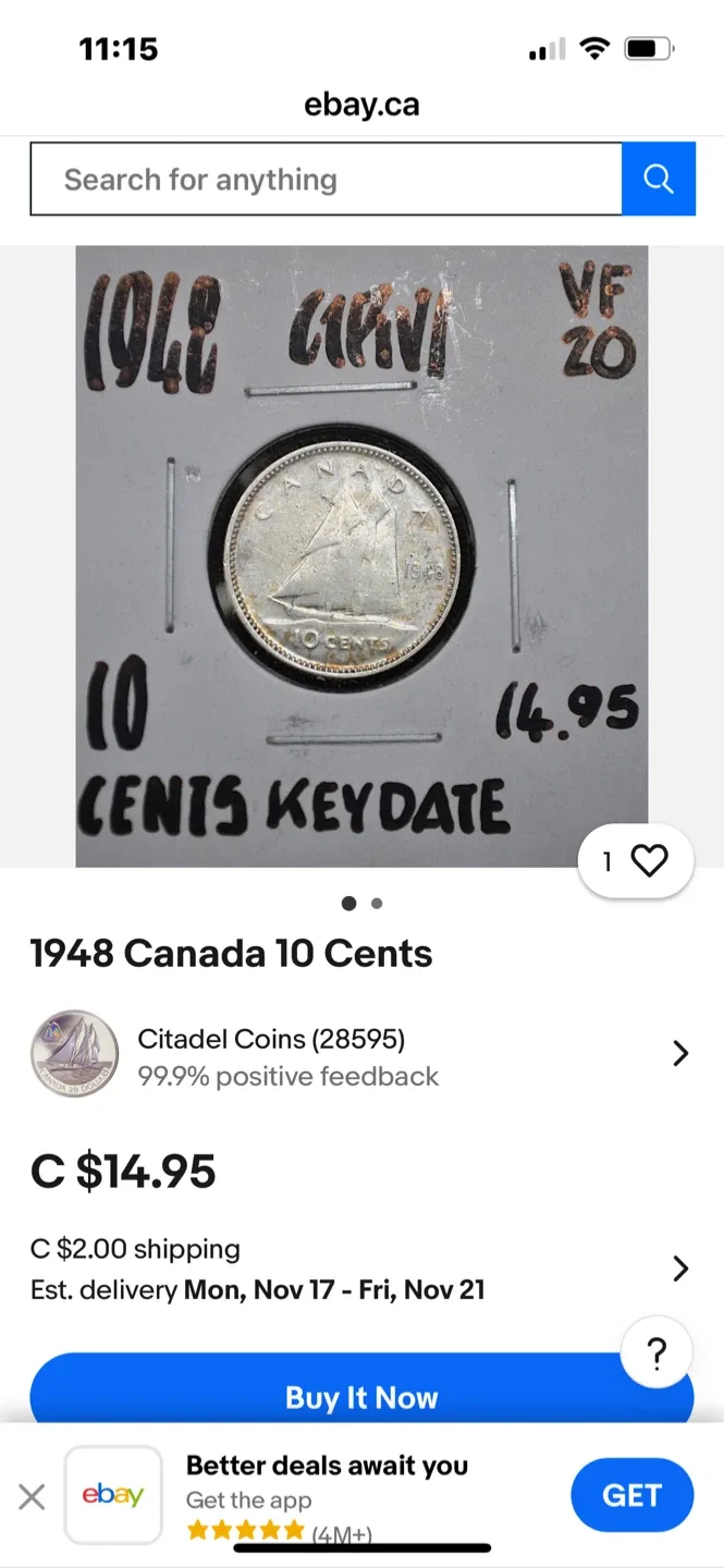Vintage 1947 Canadian 10 Cent Coin image indicator(5)