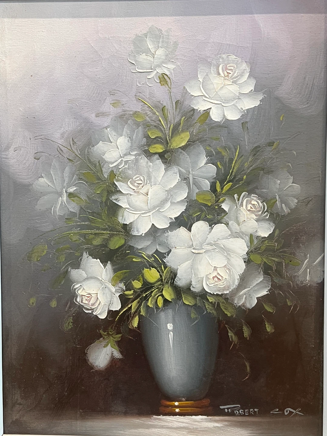 🎨 Robert Cox Original Oil Painting – White Roses in Vase - photo 2