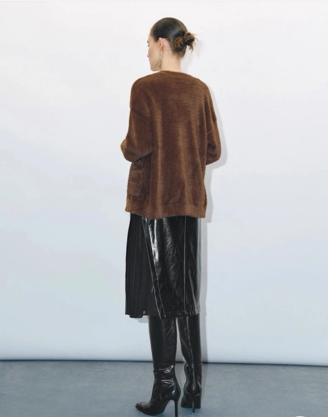 Furry V-neck Brown Knit Cardigan - Size S - photo 3