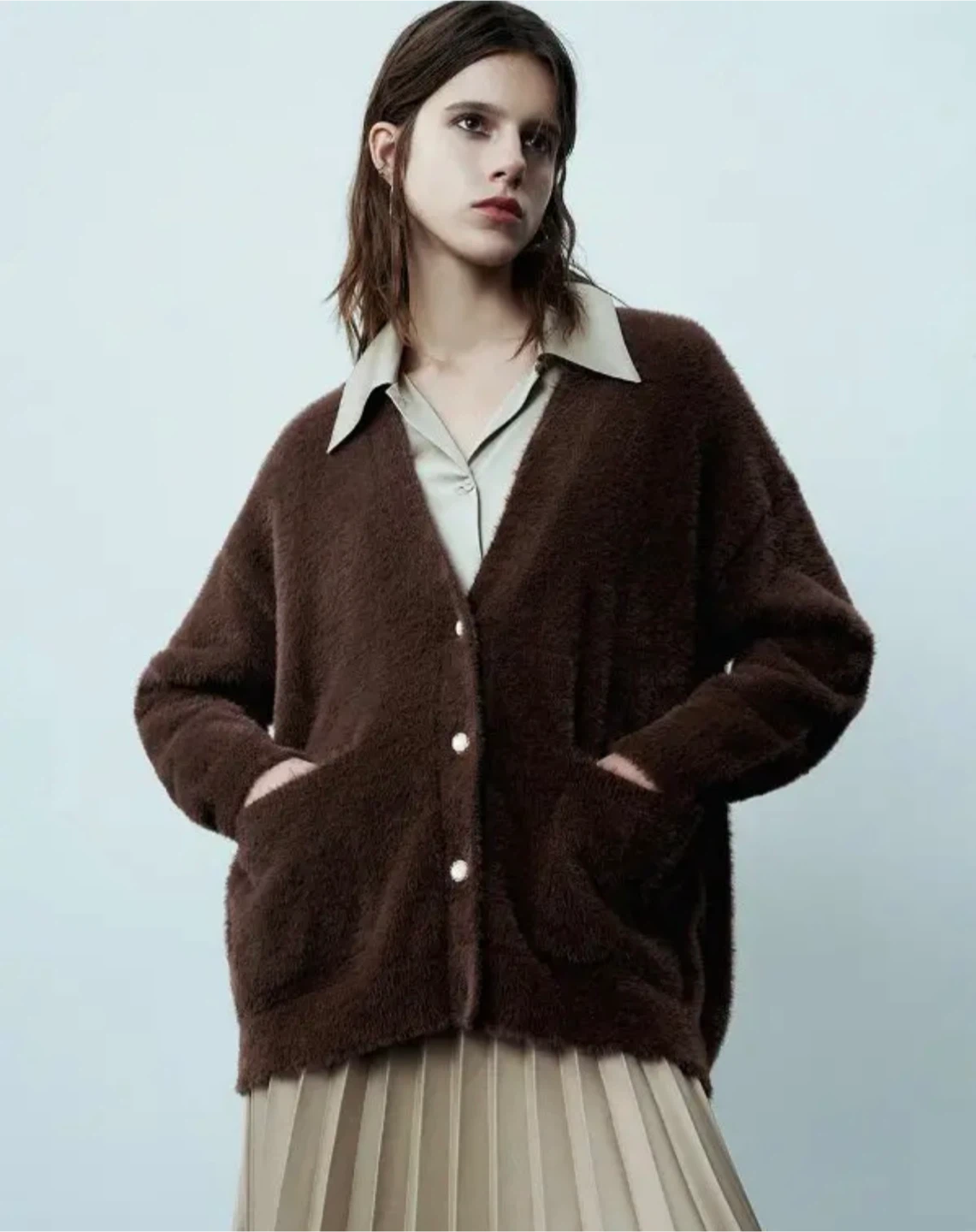 Furry V-neck Brown Knit Cardigan - Size S - photo 2