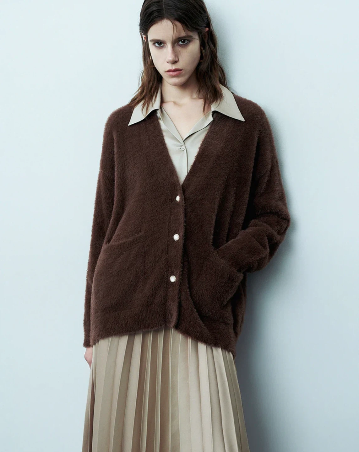 Furry V-neck Brown Knit Cardigan - Size S