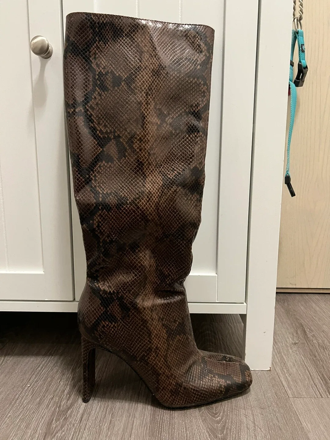 Brown Snake Print Knee High Boots