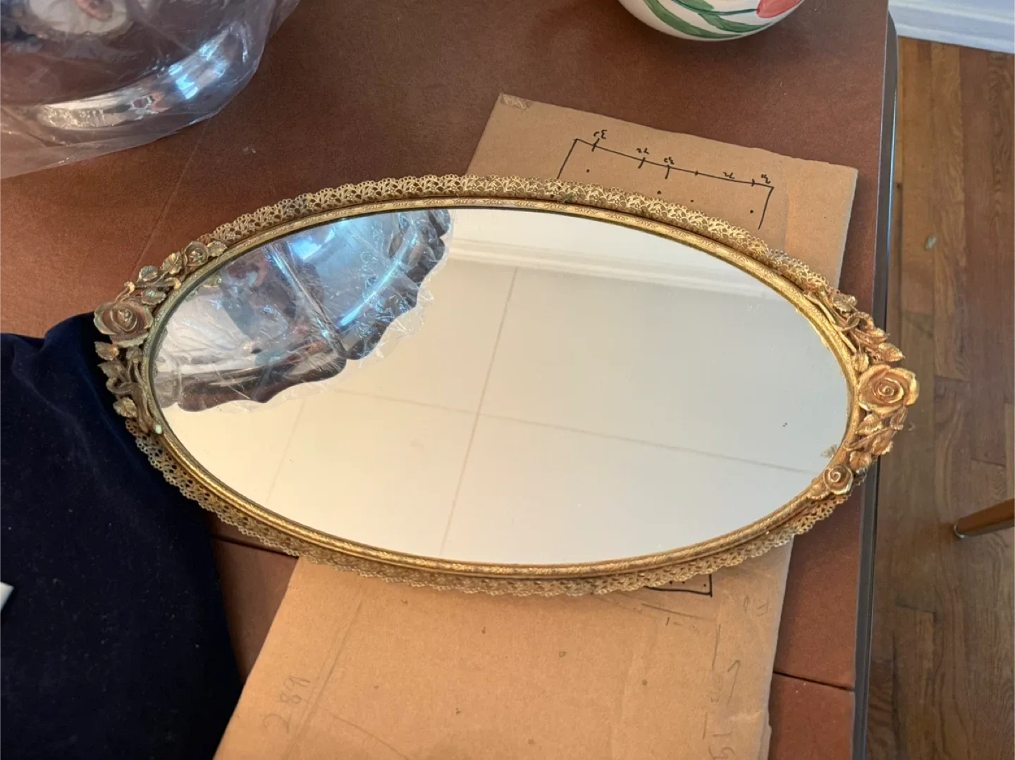 Vintage Gold Oval Vanity Mirror with Rose Detail thumbnail