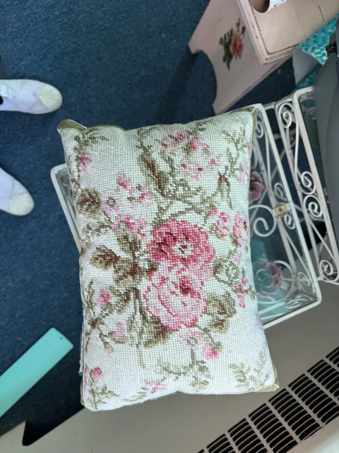 Floral Needlepoint Throw Pillow thumbnail