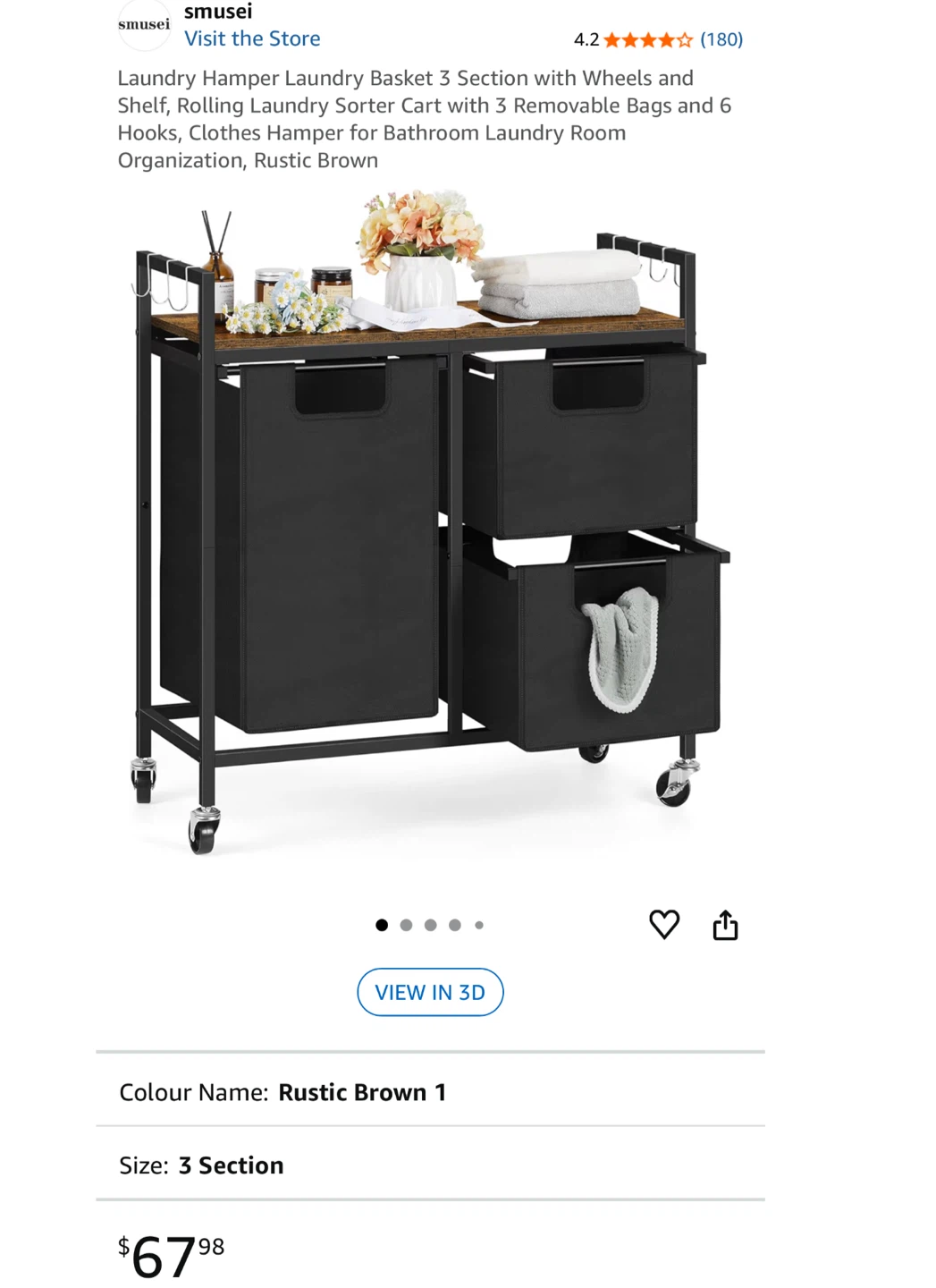 Laundry Hamper Basket 3 Section Rustic Brown - photo 3