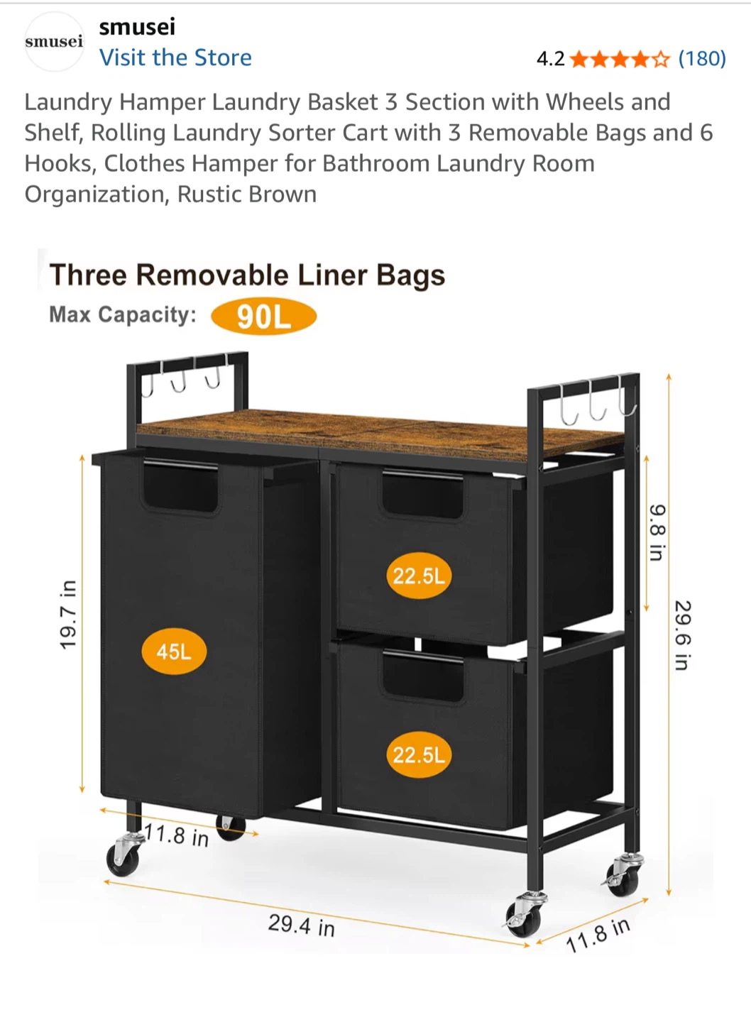 Laundry Hamper Basket 3 Section Rustic Brown - photo 4