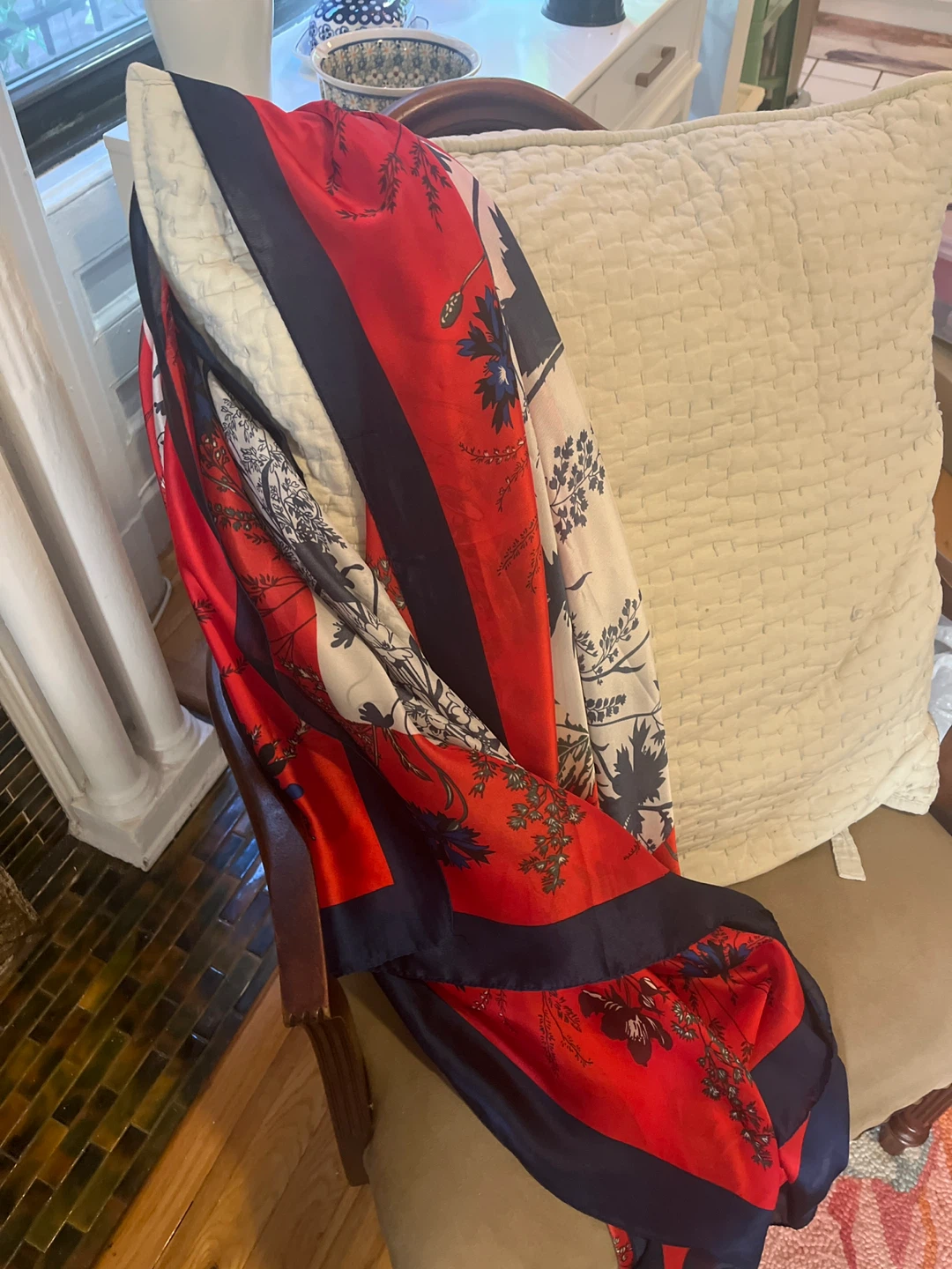 Italian Silk Scarf - Floral Red, White, and Blue - photo 5