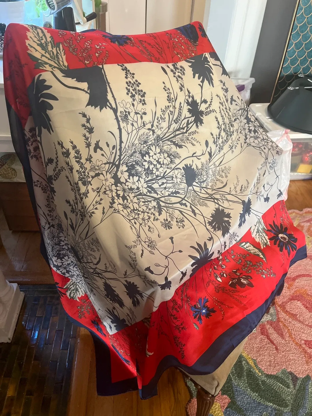 Italian Silk Scarf - Floral Red, White, and Blue image indicator(3)