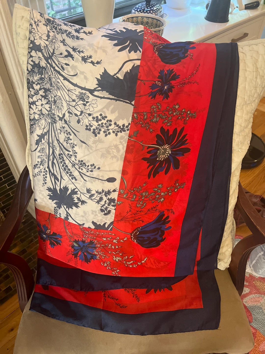 Italian Silk Scarf - Floral Red, White, and Blue - photo 2