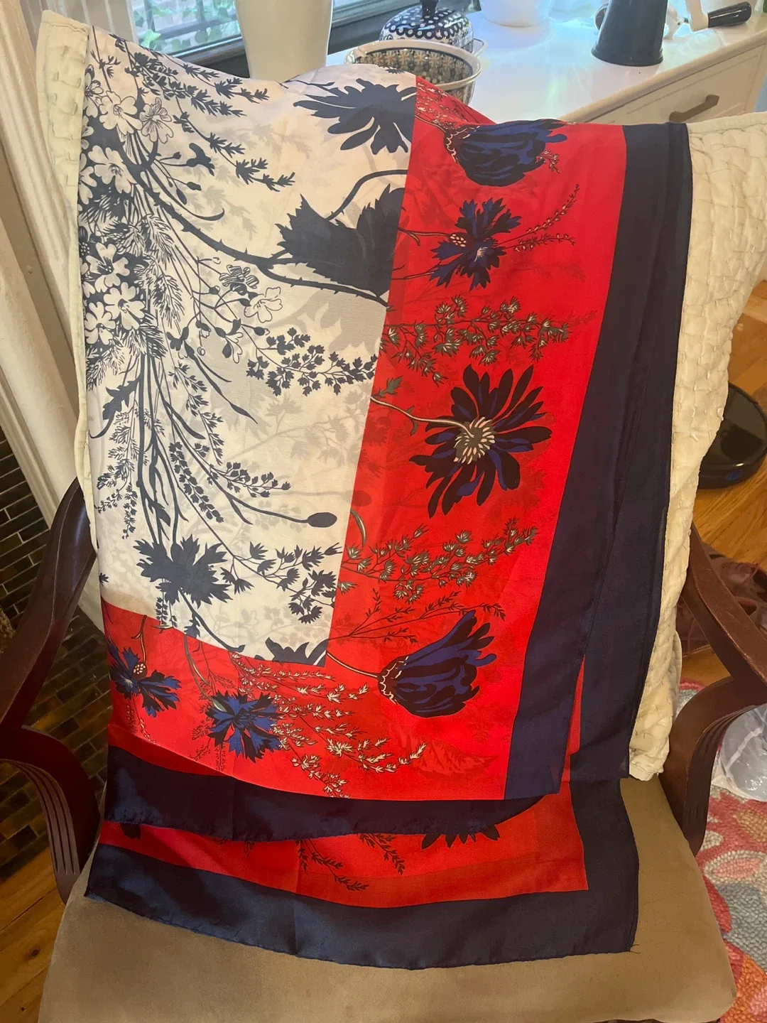 Italian Silk Scarf - Floral Red, White, and Blue image indicator(2)