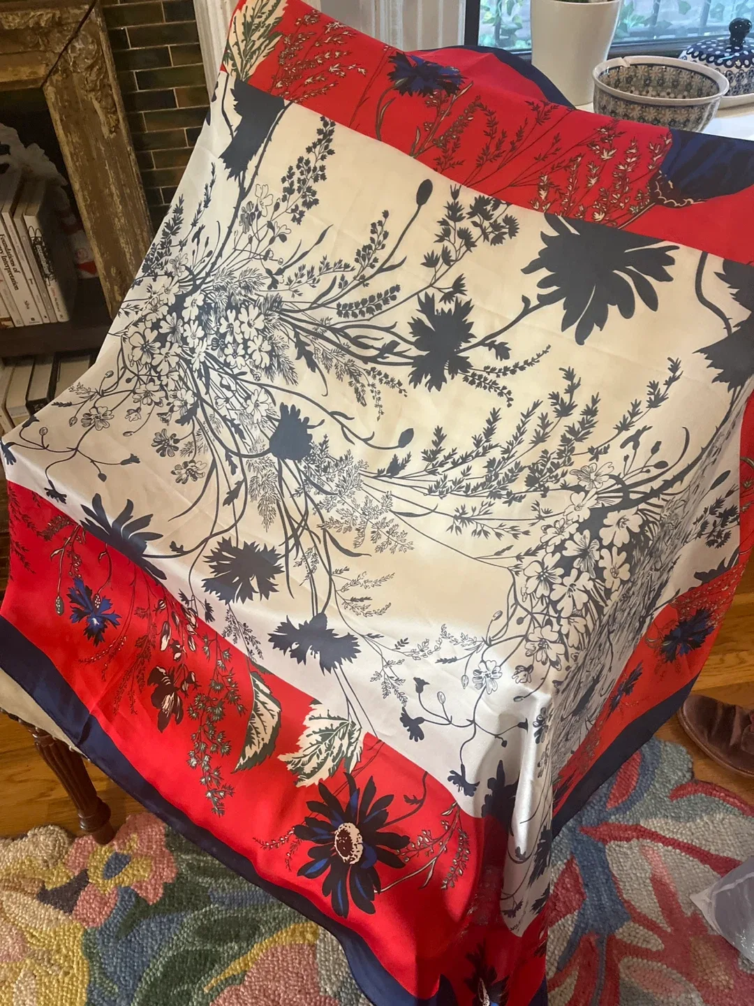 Italian Silk Scarf - Floral Red, White, and Blue image indicator(4)