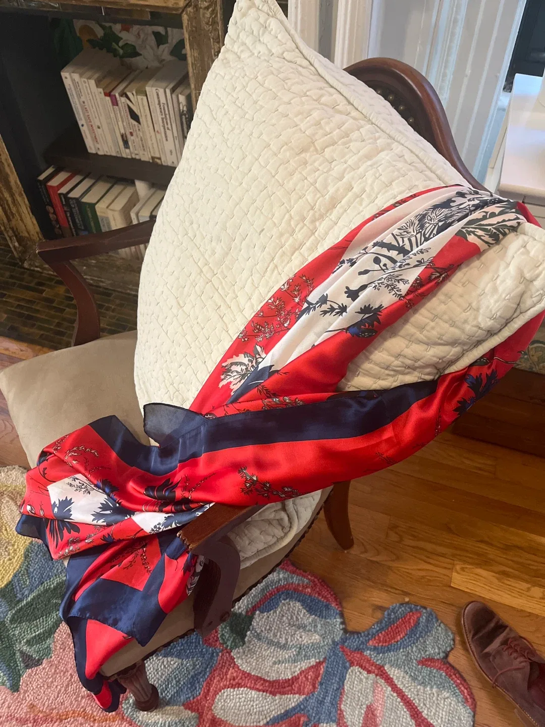 Italian Silk Scarf - Floral Red, White, and Blue image indicator(6)