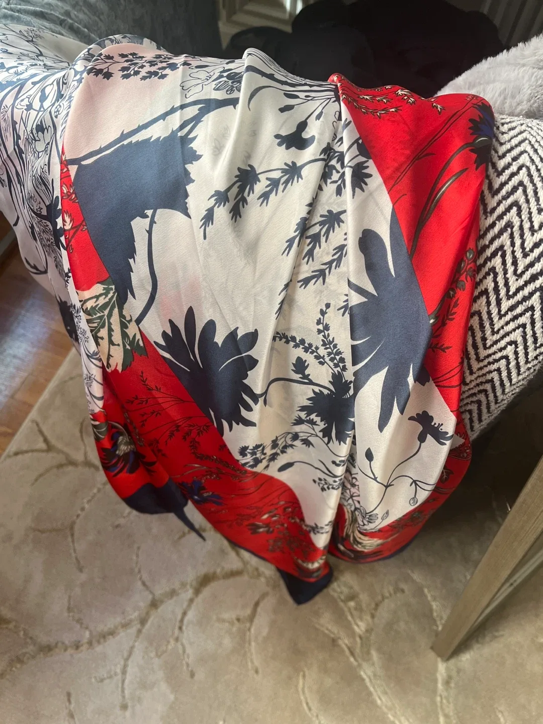 Italian Silk Scarf - Floral Red, White, and Blue image indicator(8)