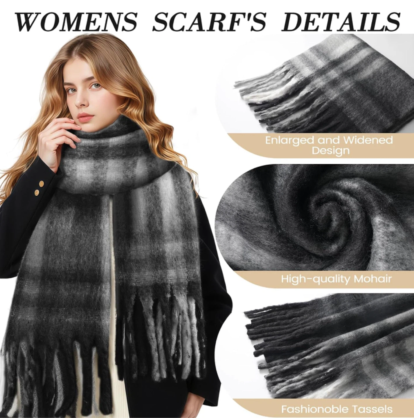 Black & White Plaid Mohair Scarf - New - photo 3