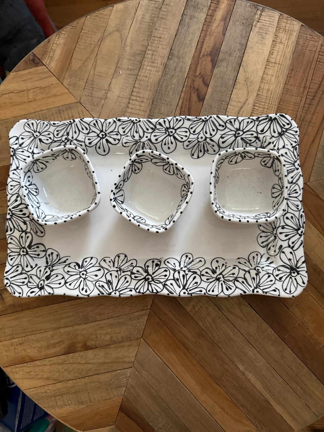 Artisan made pottery serving tray with 3 small condiment bowls